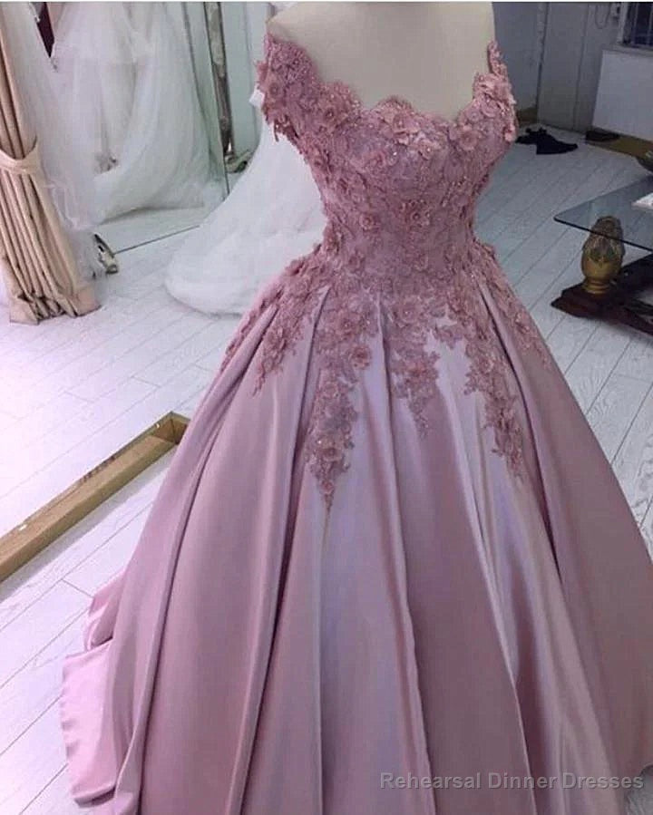 Pink Flowers Off Shoulder Satin Ball Gown Prom Dress, Pink Evening Dress Party Dress Main image