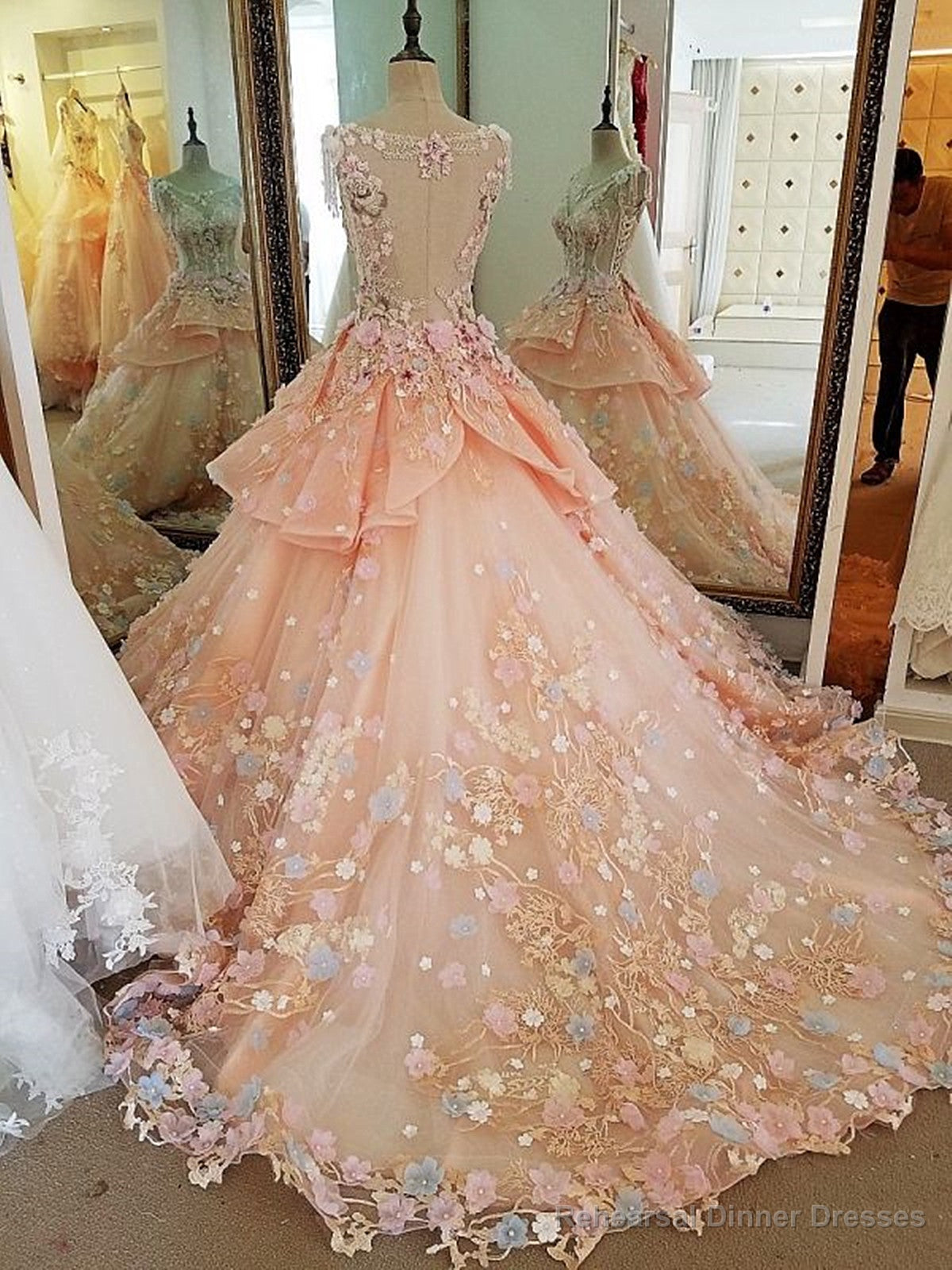 Pink Flowers Round Neckline Sweet 16 Dress, Pink Quinceanera Dress Secondary image