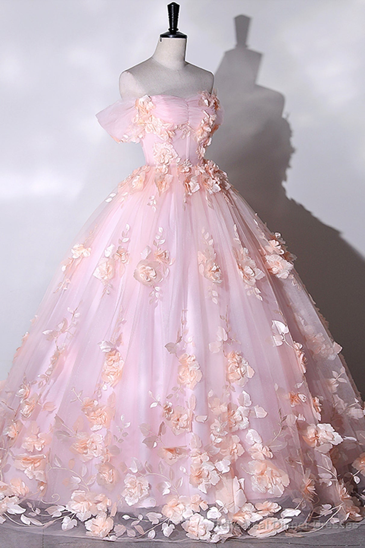 Pink Flowers Sweetheart Ball Gown Formal Dresses, Pink Long Sweet 16 Dresses Main image