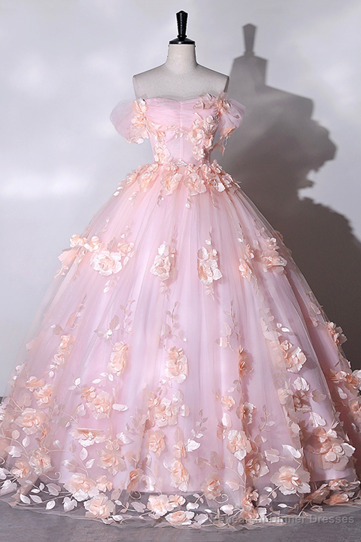 Pink Flowers Sweetheart Ball Gown Formal Dresses, Pink Long Sweet 16 Dresses