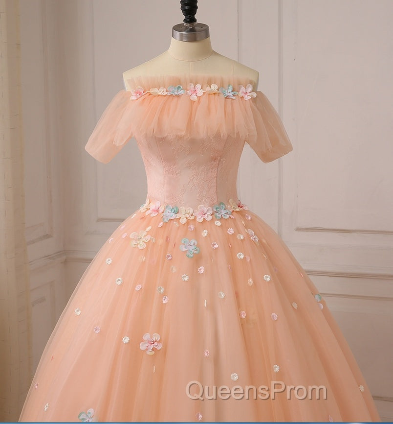 Pink Flowers Tulle Off Shoulder Party Dress, Pink Tulle Sweet 16 Dress Secondary image