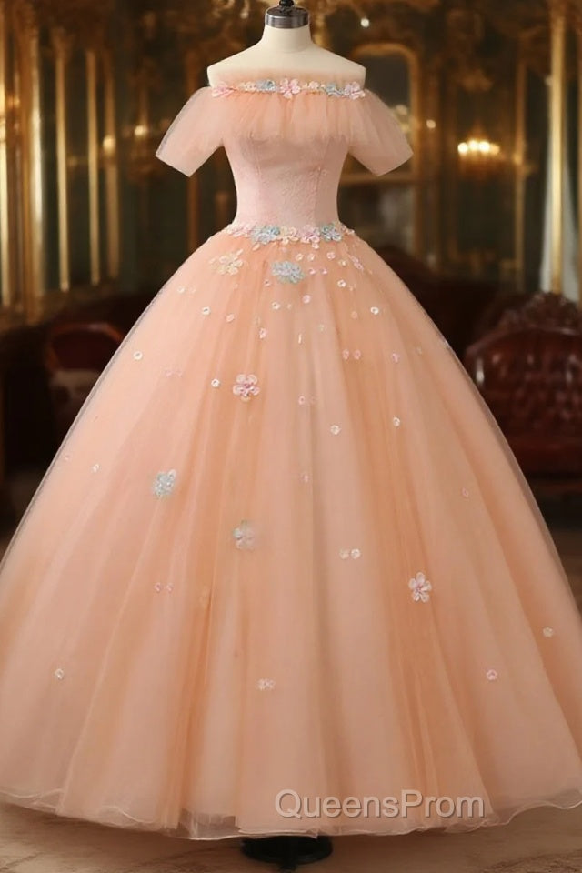 Pink Flowers Tulle Off Shoulder Party Dress, Pink Tulle Sweet 16 Dress Main image