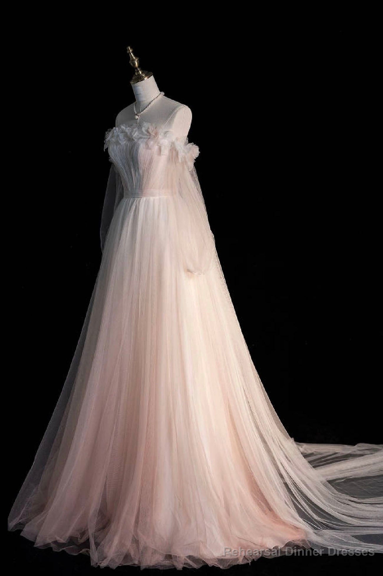 Pink Gradient Tulle Long A-Line Prom Dress, Long Sleeve Evening Party Dress Secondary image