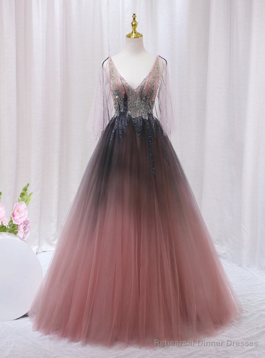 Pink Gray Tulle V-neck Beading Prom Dress Main image