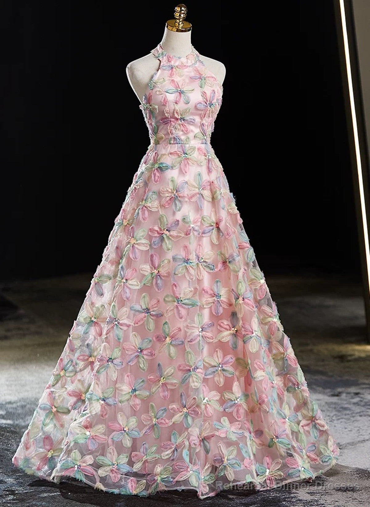 Pink Halter A-line Floral Lace Long Party Dress, Pink Low Back Prom Dress Main image