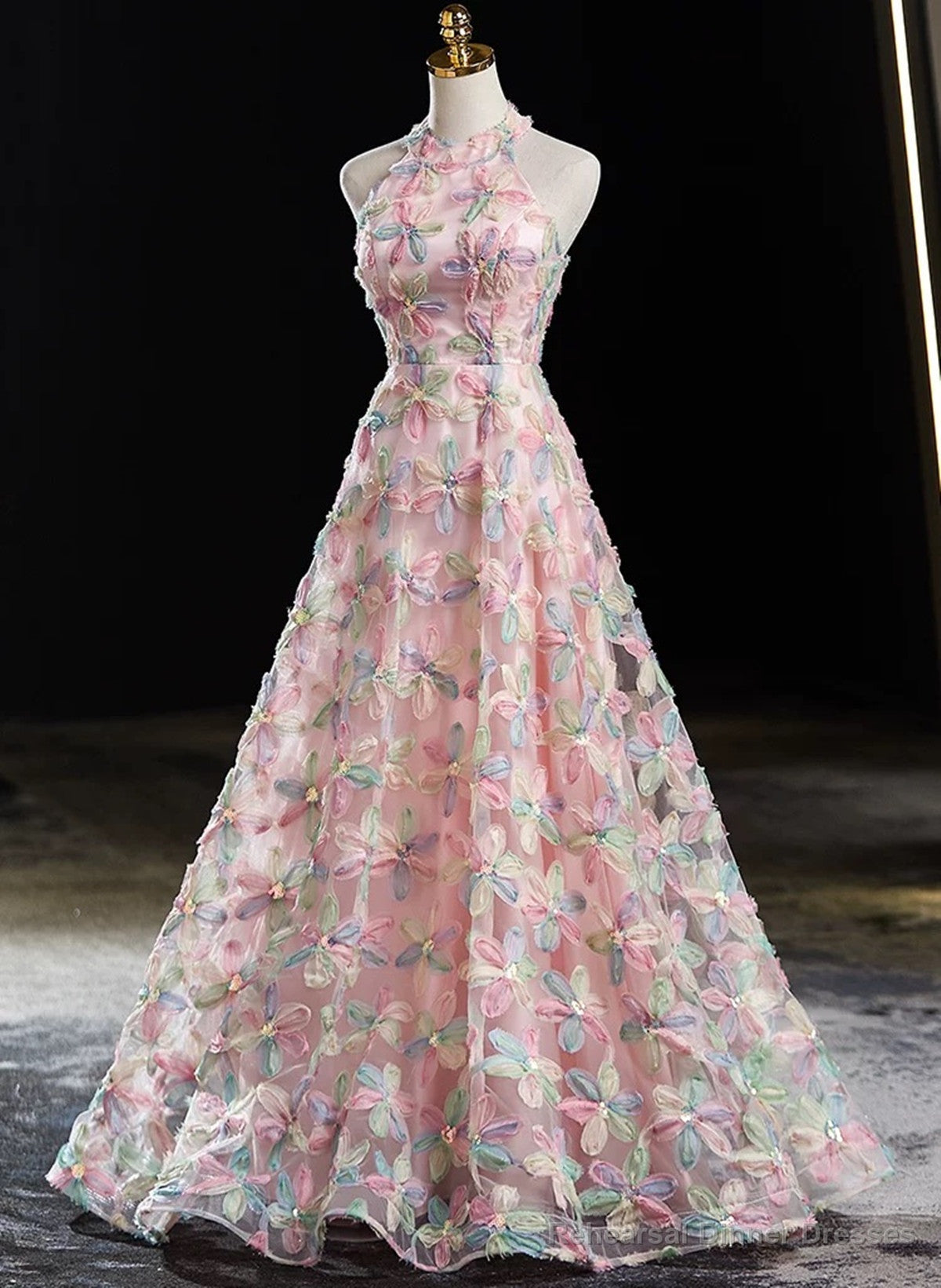 Pink Halter Lace A-line Floor Length Party Dress, Pink Lace Prom Dress Secondary image