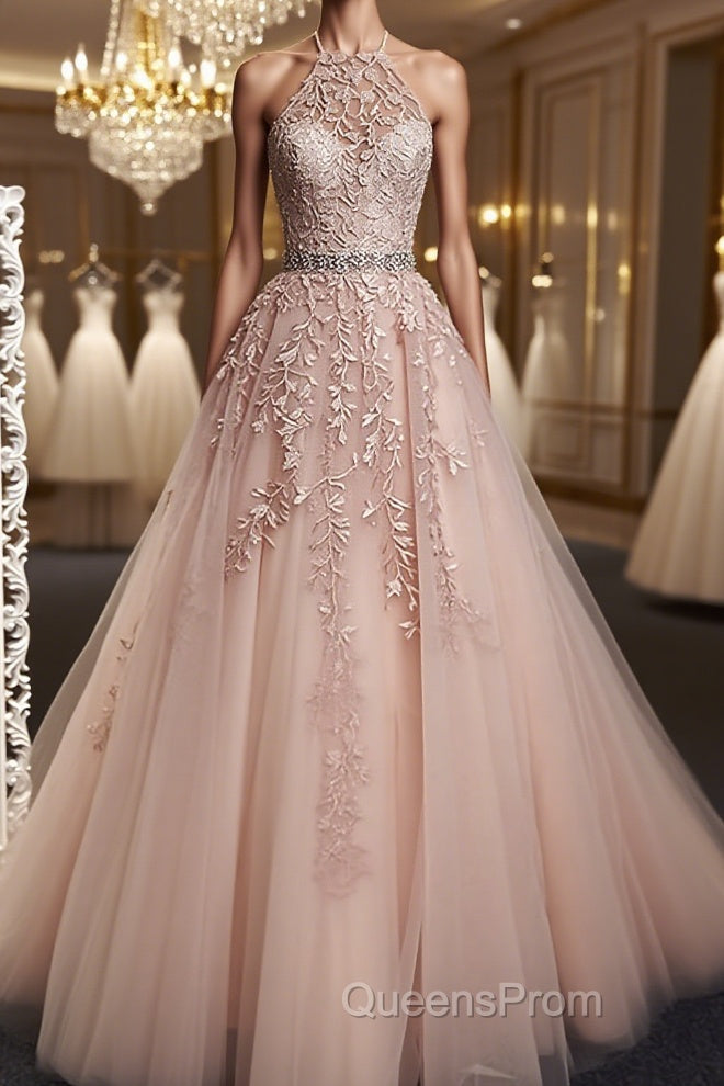 Pink Halter Neck Lace Evening Prom Dress, Pink Halter Neck Long Lace Formal Evening Dress Main image