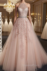 Pink Halter Neck Lace Evening Prom Dress, Pink Halter Neck Long Lace Formal Evening Dress