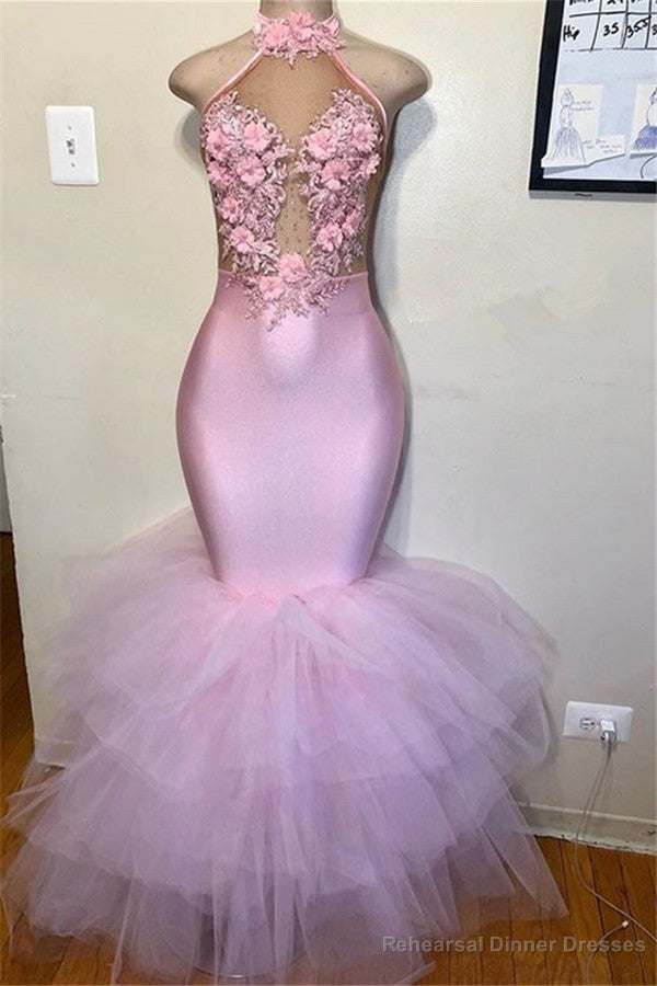 Pink Halter Sleeveless Flower Appliques Tulle Mermaid Prom Party Gowns Main image