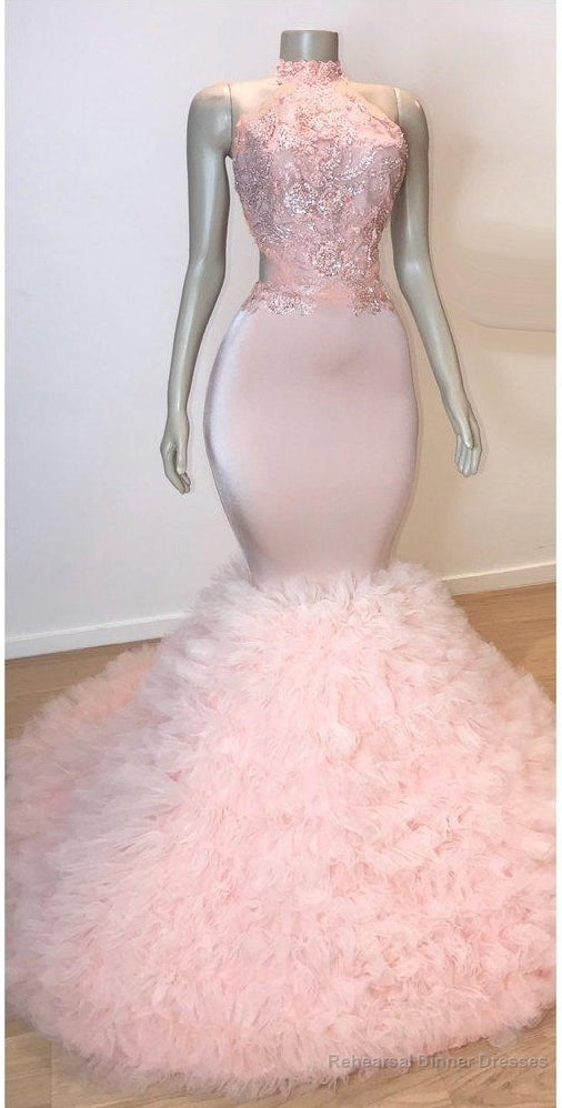 Pink Halter Sleeveless Mermaid Prom Dresses New Arrival Chic Open Back Lace Tulle Evening Gowns Secondary image