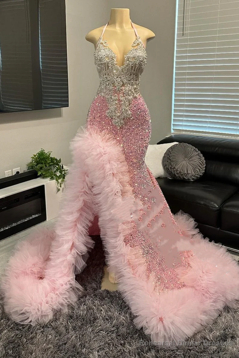 Pink Halter Tulle Ruffles High Split Prom Party Dresses Main image