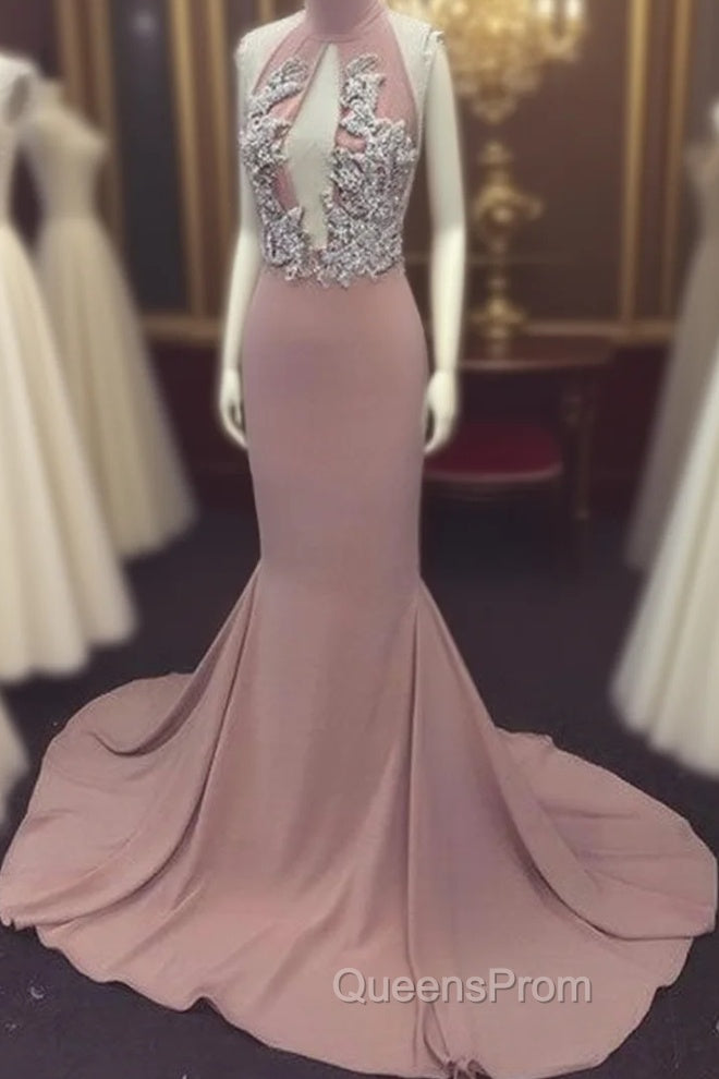 Pink High Neck Long Evening Prom Dress For Teens, Evening Dress Main image