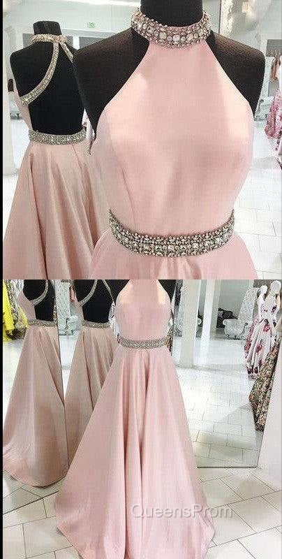 Pink High Neck Long Evening Prom Dress, Pink Backless Evening Dress Secondary image
