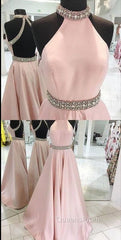 Pink High Neck Long Evening Prom Dress, Pink Backless Evening Dress