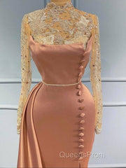 Pink High Neck Long Sleeves Sheer Beading Evening Prom Formal Dress