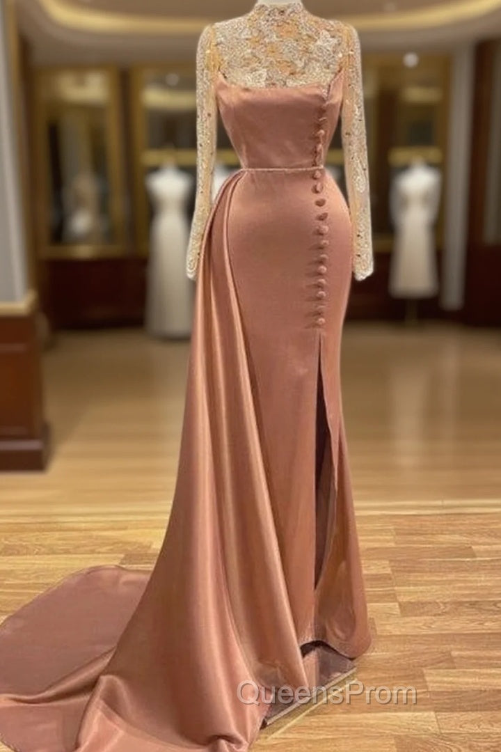 Pink High Neck Long Sleeves Sheer Beading Evening Prom Formal Dress Main image
