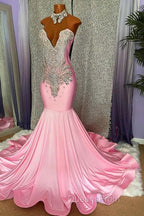 Pink High Neck Mermaid Beading Satin Evening Prom Dress