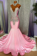 Pink High Neck Mermaid Beading Satin Evening Prom Dress
