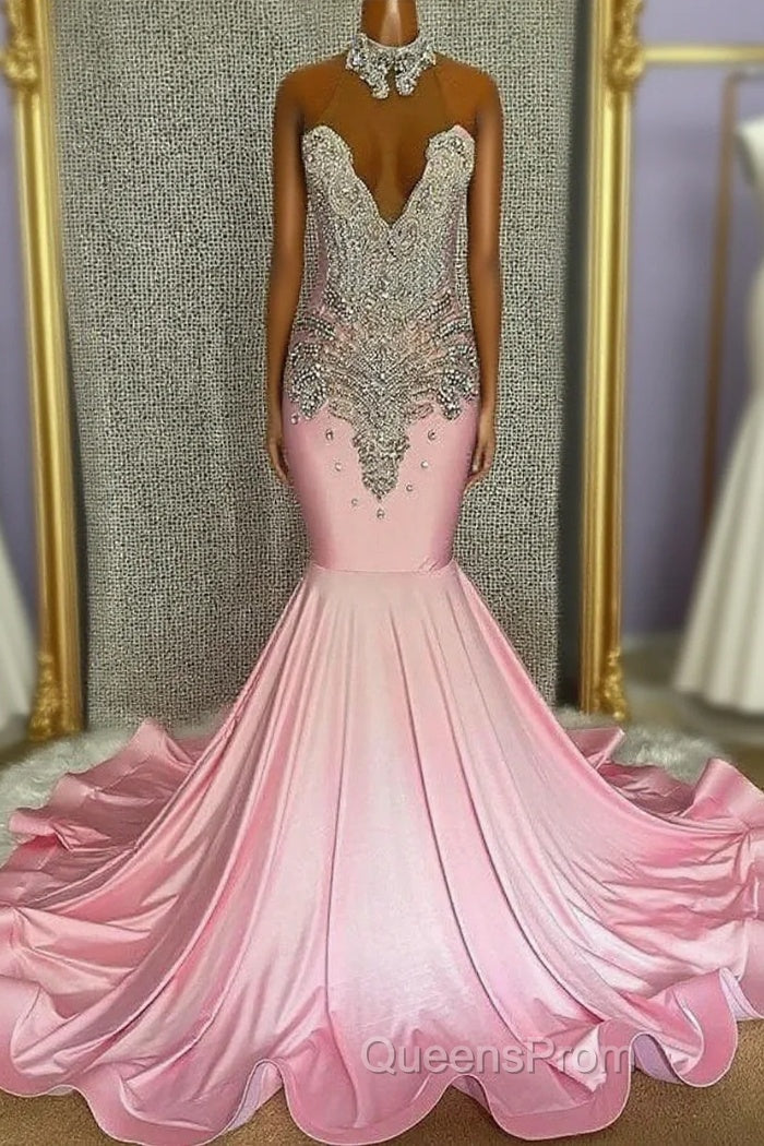 Pink High Neck Mermaid Beading Satin Evening Prom Dress Main image