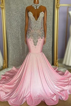 Pink High Neck Mermaid Beading Satin Evening Prom Dress