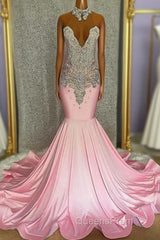 Pink High Neck Mermaid Beading Satin Evening Prom Dress