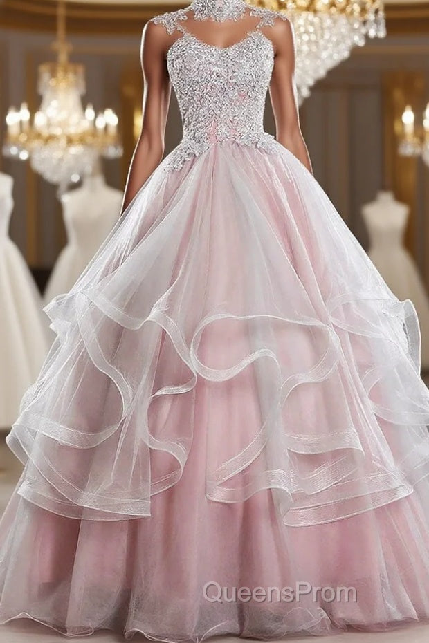 Pink high neck tulle lace long Evening Prom Dress, pink sweet 16 Dress Main image