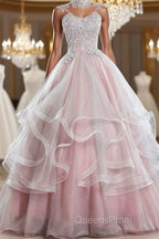 Pink high neck tulle lace long Evening Prom Dress, pink sweet 16 Dress