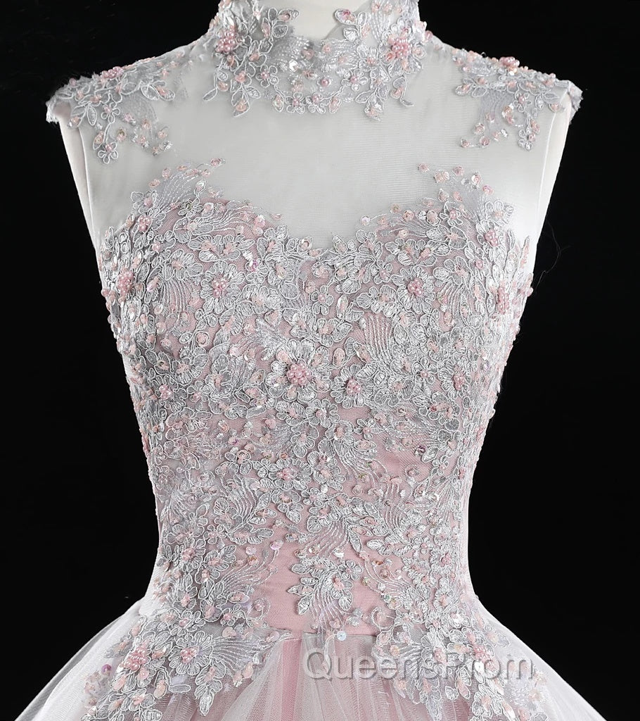 Pink High Neck Tulle Lace Long Evening Prom Dress, Pink Sweet 16 Gown Secondary image
