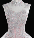 Pink High Neck Tulle Lace Long Evening Prom Dress, Pink Sweet 16 Gown