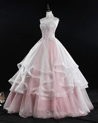 Pink High Neck Tulle Lace Long Evening Prom Dress, Pink Sweet 16 Gown