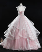 Pink High Neck Tulle Lace Long Evening Prom Dress, Pink Sweet 16 Gown