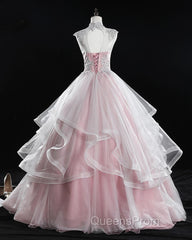Pink High Neck Tulle Lace Long Evening Prom Dress, Pink Sweet 16 Gown