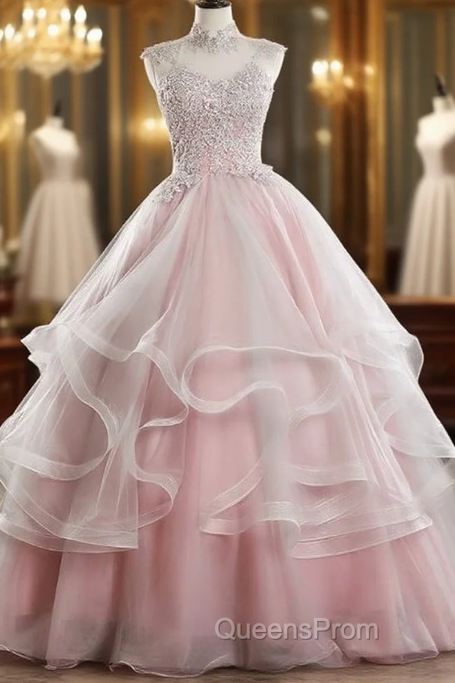 Pink High Neck Tulle Lace Long Evening Prom Dress, Pink Sweet 16 Gown Main image