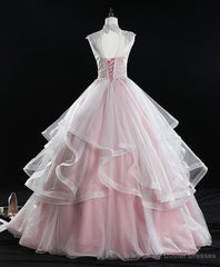 Pink High Neck Tulle Lace Long Sweet 16 Dress Tulle Lace Pink Prom Dress
