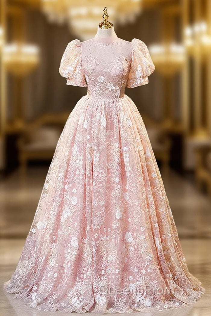 Pink High Neckline Short Sleeves Lace Floral Long Party Dress, Pink Sweet 16 Dress
