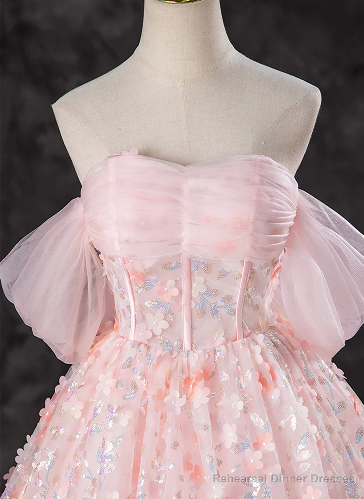 Pink Lace A-line Off Shoulder Long Party Dress, Pink Lace Prom Dress Secondary image