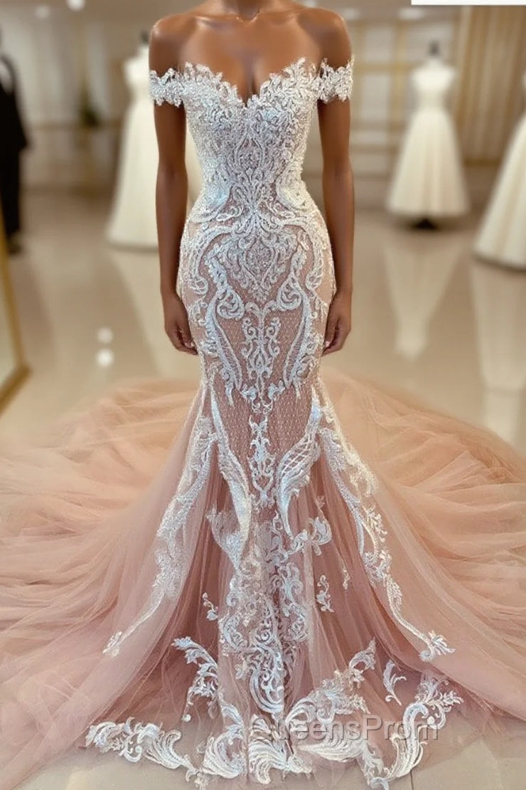 Pink Lace Applique Cap Or Long Sleeves Fishtail/Mermaid Wedding Dress With Train, Evening Prom Gown Main image
