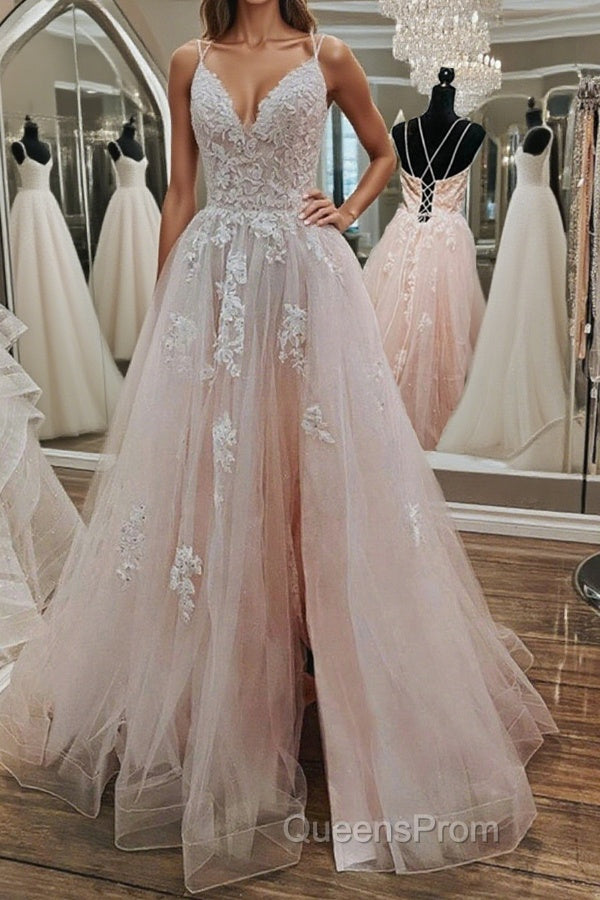 Pink Lace Appliques A Line Open Back Tulle Long Evening Prom Dress, Pink Lace Formal Graduation Evening Dress