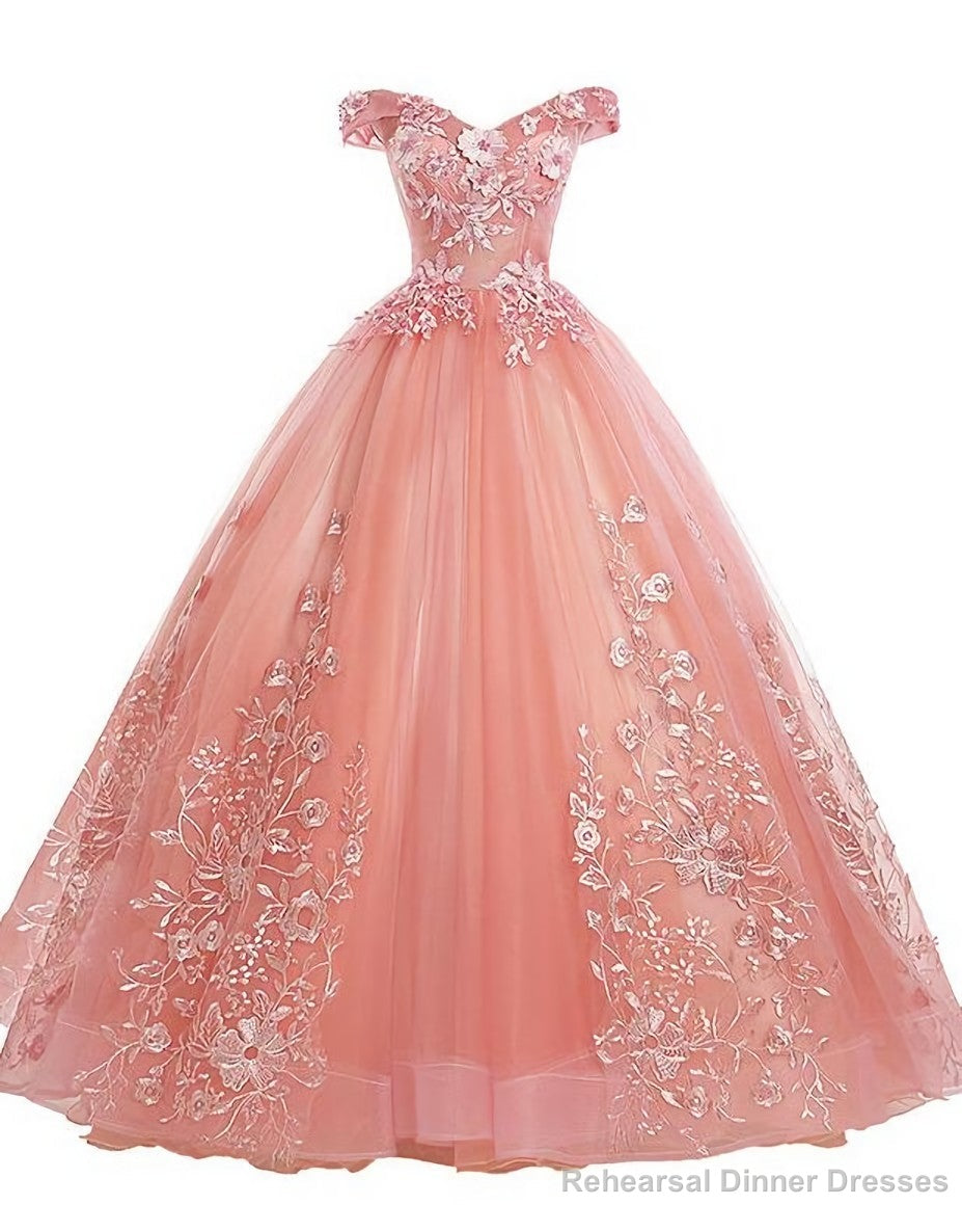 Pink Lace Flower Off Shoulder Sweet 16 Dress, Pink Long Prom Dresses Quinceaner Dress Secondary image