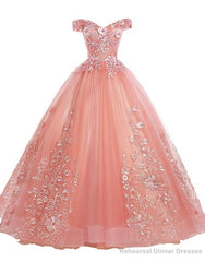 Pink Lace Flower Off Shoulder Sweet 16 Dress, Pink Long Prom Dresses Quinceaner Dress