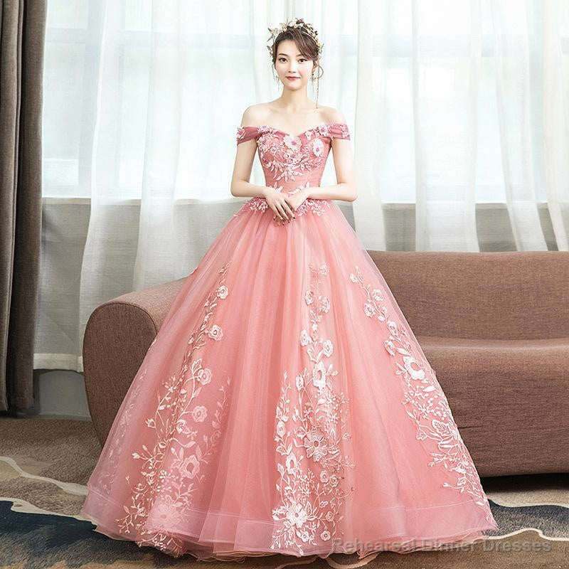 Pink Lace Flower Off Shoulder Sweet 16 Dress, Pink Long Prom Dresses Quinceaner Dress Main image