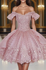 Pink Lace Homecoming Gown with Beading,Princess Off the Shoulder Hoco Dress