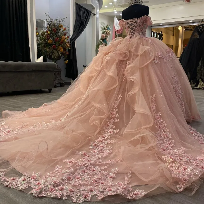 Pink Lace Long Classy Prom Dress, Ball Gown Sweet 16 Dress Secondary image