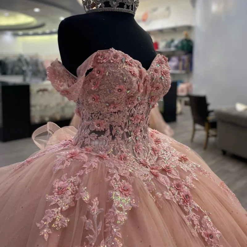 Pink Lace Long Classy Prom Dress, Ball Gown Sweet 16 Dress