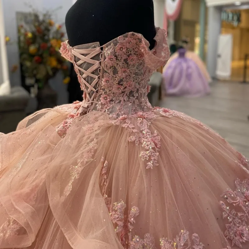 Pink Lace Long Classy Prom Dress, Ball Gown Sweet 16 Dress