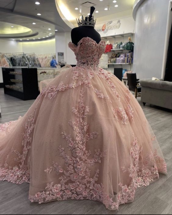 Pink Lace Long Classy Prom Dress, Ball Gown Sweet 16 Dress