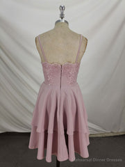 Pink Lace Satin Lace Short Prom Dress, Pink Homecoming Dresses
