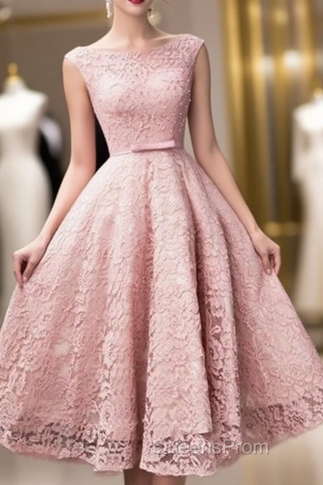 Pink Lace Tea Length Formal Dress, Beautiful Pink Evening Prom Dress, Lovely Party Dress Main image