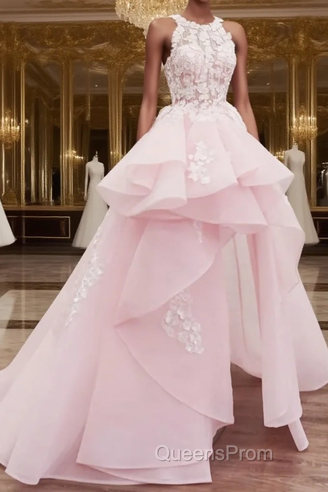 PinK lace tulle long Evening Prom Dress, pink tulle evening Dress Main image