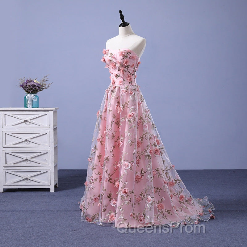 Pink Long A-Line Flowers Evening Dress, Pink Party Dress Evening Prom Dress Secondary image